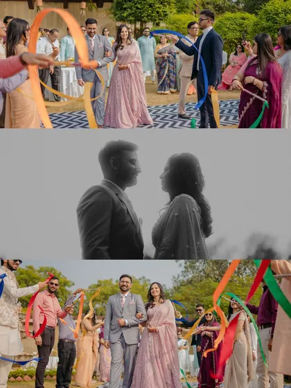 A collage showing the couple's grand entrance, with friends and family holding colorful ribbons. It captures the celebratory and supportive spirit of the day.