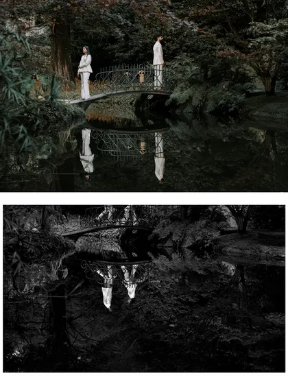 A stunning reflection shot of the couple on a bridge over the water in Lake Como, presented in both color and dramatic black and white.