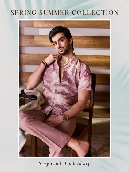 A closer look at the mauve printed shirt. The relaxed fit and open collar create a look that is effortlessly cool and stylish.