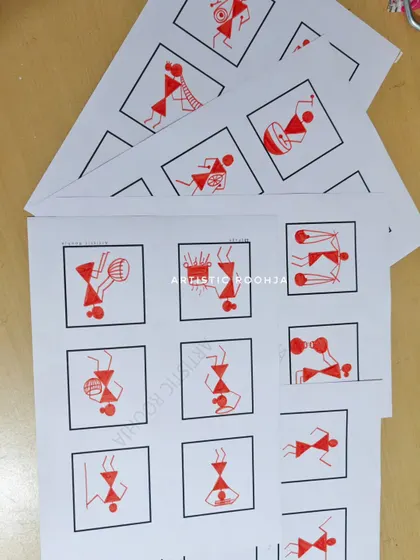 These are some of the practice sheets from the course, focusing on basic human figures in various poses and activities. Mastering these fundamentals is the key to creating dynamic Warli scenes.