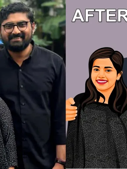 See how I transform your favorite photograph into a clean, modern digital illustration. I capture your likeness, from expressions to outfits, in my signature vector art style, providing a clear before and after view of the process.