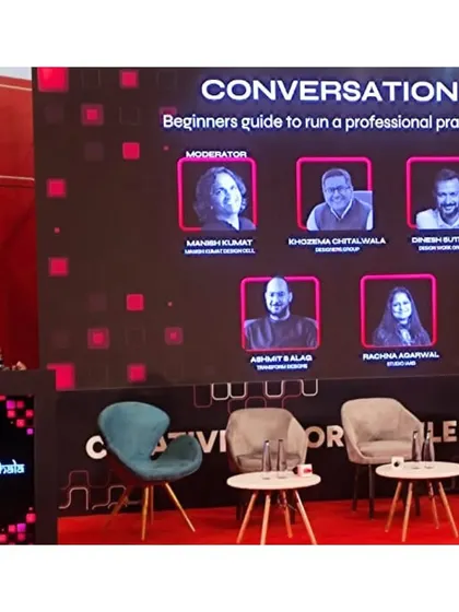 A wide shot of the stage at FOAID 2024, where our founder participated in a panel discussion. These events provide a valuable platform for the exchange of ideas and perspectives with the brightest minds in design.