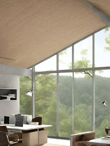 Even with a more minimalist approach, a sloping ceiling and expansive windows can make an office feel grand and inspiring. This design focuses on clean lines and natural light to create a calm and productive workspace.
