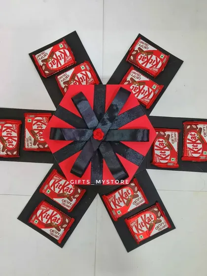 The first layer of the KitKat explosion box, showing how each panel is covered in chocolatey goodness.