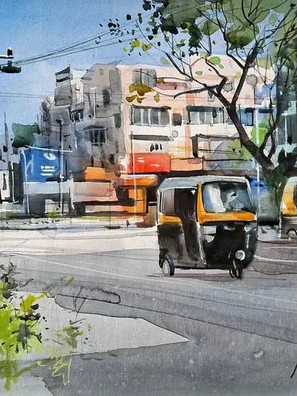 An identity style of watercolor painting by master artist Milind Mulick. We believe in learning from the masters and are inspired by their unique approaches to art.