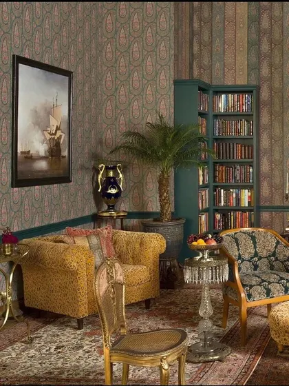 A duplicate image of the layered, traditional room designed with Sabyasachi wallpapers.