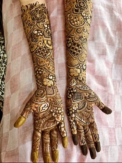 A full-coverage, intricate design for a mom-to-be who wanted to go all out. This pattern is packed with details, from fine lines and dots to shaded floral and geometric work.