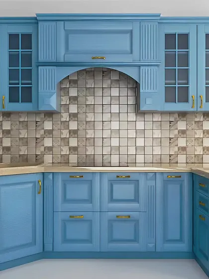 A classic kitchen design with beautiful blue paneled cabinets and glass-front doors. The tiled backsplash and traditional cabinet profiles give it a timeless, country-style feel.