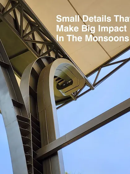 This close-up shows the engineered gutter at the end of the canopy's arch, a small but critical detail for managing heavy monsoon rains efficiently and discreetly.