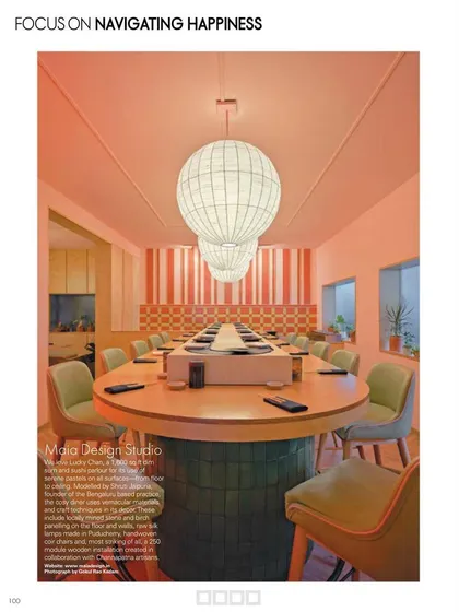 The unique sushi bar and conveyor belt at Lucky Chan was featured in the September issue of Elle Decor India. The article focused on how design can contribute to creating happy, engaging spaces.