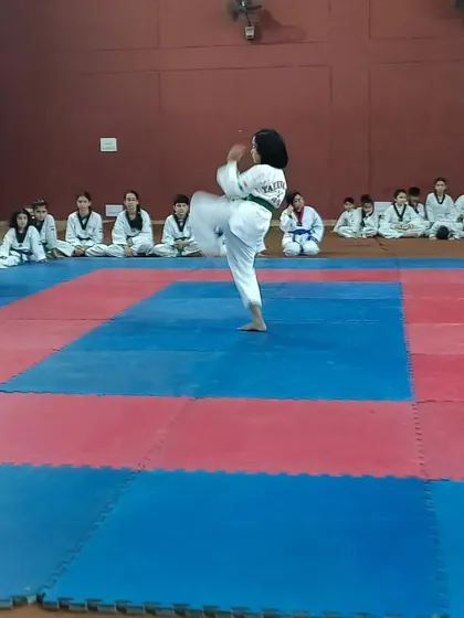A student practices her kicking form in front of the class. Individual performance is as important as group practice in my Taekwondo training.