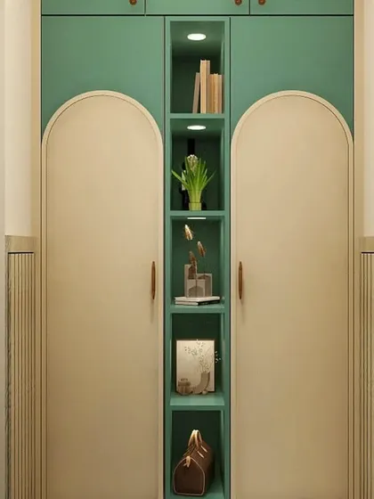 A close-up of the unique arched wardrobe doors with a central open-shelf unit. This design adds architectural interest and a personalized touch to the bedroom storage.