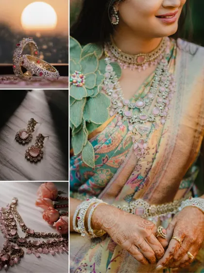 A collage of the bride's beautiful reception jewelry, from her sparkling bangles to her statement necklace.