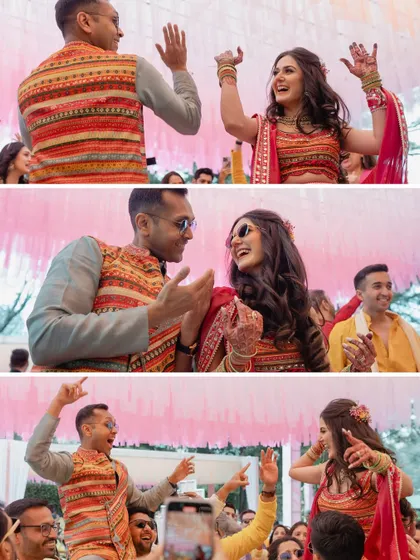 The couple's infectious energy as they dance with their guests. This collage captures the pure joy and celebration of the moment.