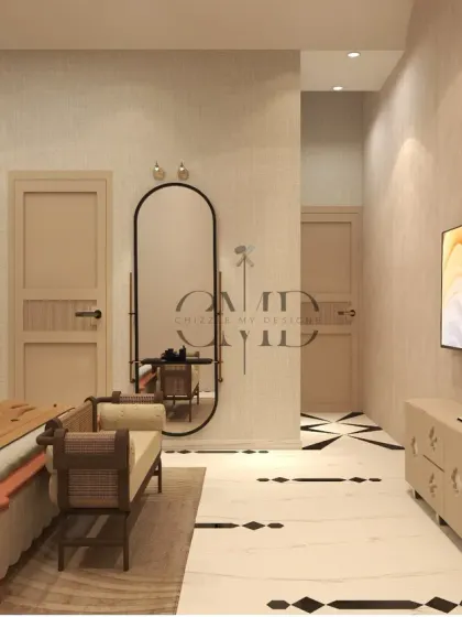 The bedroom includes artisanal wardrobes with polished veneer and cane inserts, alongside an elegant TV unit with marble inlays and fluted textures.
