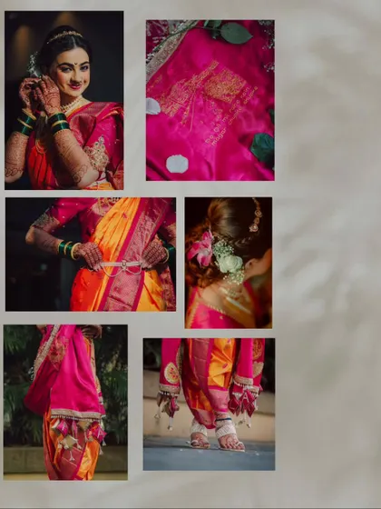 A collage detailing the beauty of a Maharashtrian bride's navari sari and traditional jewelry.