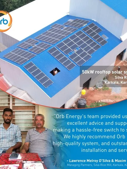 Silva Rice Mills installed a 50-kilowatt system for their business and a 5-kilowatt system for their residence, saving a combined INR 6 lakhs per annum. They highly recommend us for our quality and service.
