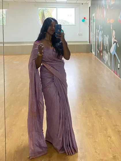 A mirror selfie in a beautiful saree at the dance studio, my happy place.