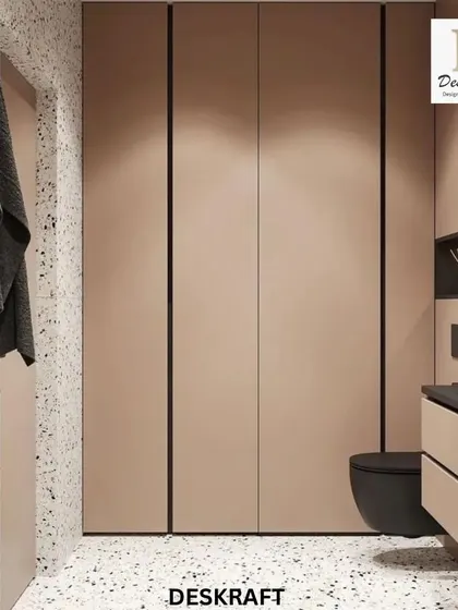 Floor-to-ceiling beige cabinets provide ample, seamless storage, maintaining the bathroom's uncluttered and minimalist aesthetic.