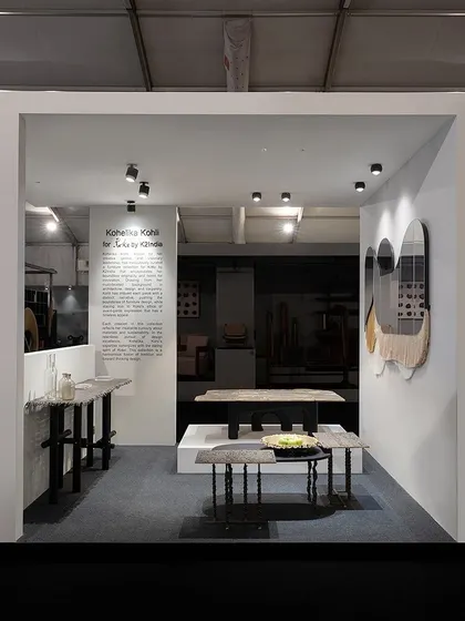 Another view of our EDIDA 2023 exhibit, highlighting the 'Fringe Console' and the 'Modern Family Coffee Table'. Each piece reflects our passion for repurposing materials and creating furniture with a unique, handcrafted soul.