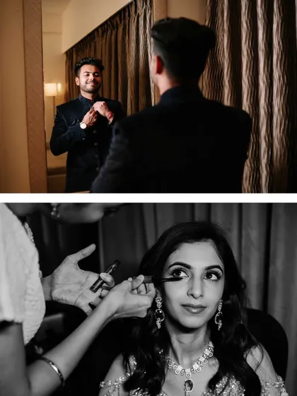 A split-screen view of the bride and groom getting ready, capturing the anticipation and excitement before their engagement ceremony.