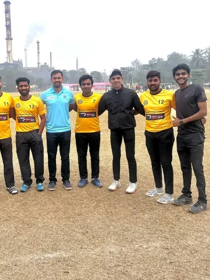 Our members posing with another team at the Palghar tournament. We not only officiate but also build connections within the wider hockey community.