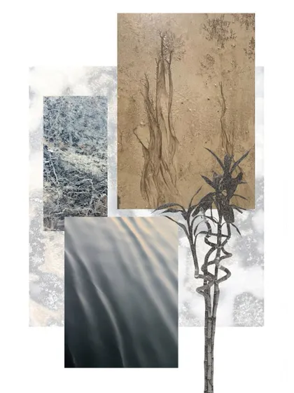 A moodboard compiled from textures and colors I find inspiring. This is the first step in my creative process, gathering visual data that will later inform the mood and color palette of a shoot.