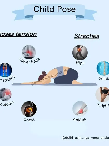 Child's Pose is a simple yet effective posture for releasing tension in the back, shoulders, and chest. It is a resting pose that we incorporate in all our classes.
