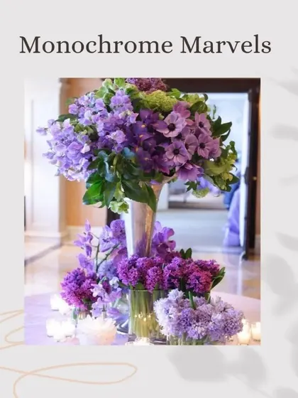 A "Monochrome Marvels" post showcasing a stunning all-purple floral arrangement, demonstrating the powerful impact of a single-color palette.