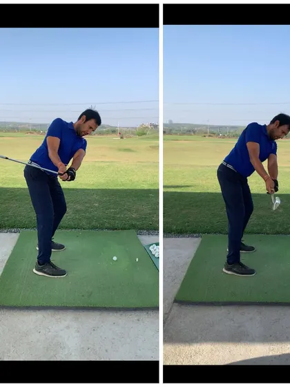 This image shows the downswing correction. By giving the player a visual reference for his hand path, we got him to shallow the club and stop throwing it out and over the top.