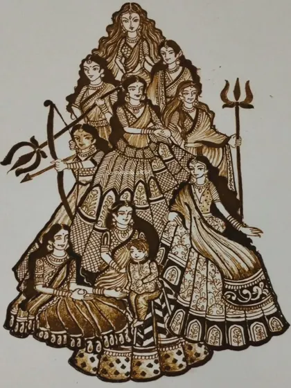 A special design for Navratri, depicting the nine forms of Goddess Durga (Navadurga). This is a complex composition that requires careful planning and execution, a skill you will develop in my class.