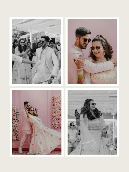 A collage of black and white and colour photos from the Haldi day, capturing their dance moves, romantic poses, and candid laughter.