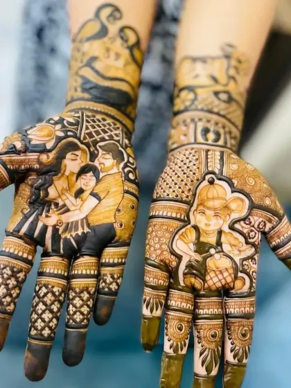 A full family portrait on the hands. This unique baby shower mehndi celebrates the whole family, with portraits of the parents and their child, creating a beautiful memory.