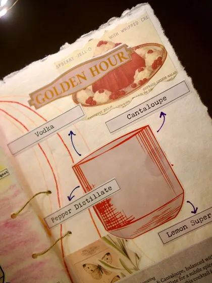 The 'Golden Hour' cocktail page from our scrapbook menu. This visual deconstruction, featuring vodka, cantaloupe, and pepper distillate, gives guests a preview of the unique flavors in this autumn-inspired drink.