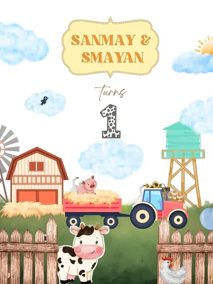The adorable digital invitation for the twin's barnyard party, featuring cute cartoon farm animals and a rustic design that sets the tone for the celebration.