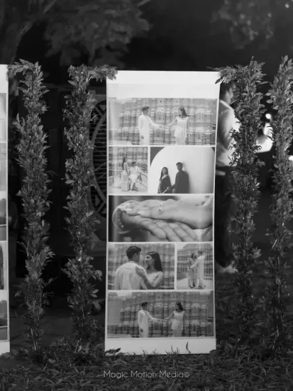 A gallery of memories. We created a beautiful display of the couple's pre-wedding photos, allowing guests to walk through their love story and adding a deeply personal touch to the cocktail evening.