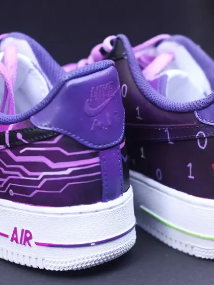 The heels of the hacker-themed custom, with more circuit patterns and binary code.