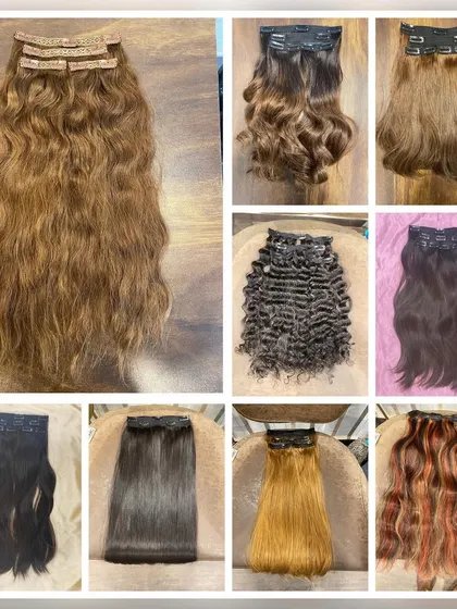 A collage showing the variety of clip-on extensions we offer. We have different colors, textures (wavy, curly, straight), and lengths available.