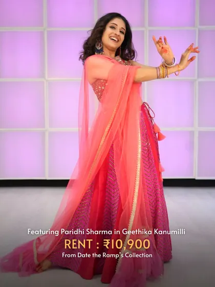 Featuring Paridhi Sharma in a vibrant pink Geethika Kanumilli lehenga, available to rent from my collection.