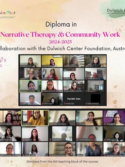 A screenshot from the fourth teaching block of our Narrative Therapy diploma. This session, facilitated by international experts, focused on engaging with the complexities of trauma discourses with care and mindfulness.