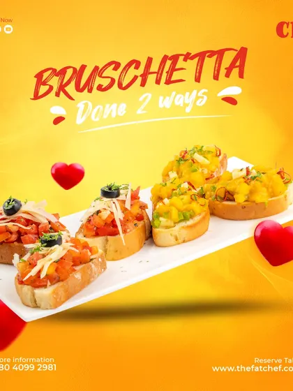 We do Bruschetta two ways. A vibrant image showing our classic tomato and unique mango bruschetta variations.