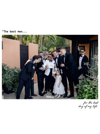 "The best men for the best day of my life." A fun, candid group shot of the groom and his groomsmen, full of personality and joy.