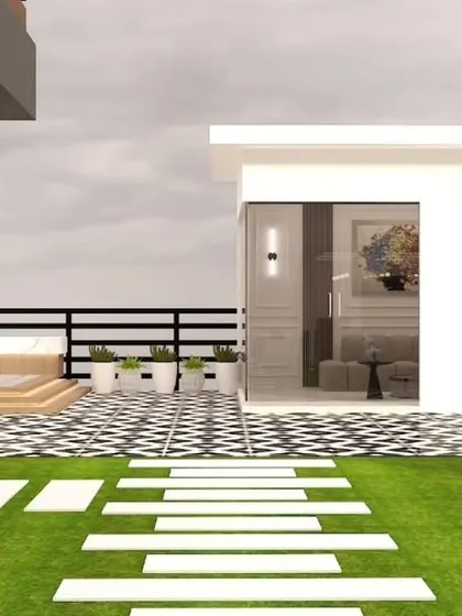 A 3D concept for a Gurgaon terrace, showing the integration of a glass room with the outdoor lawn and tiled patio. This demonstrates how we blend indoor and outdoor spaces.