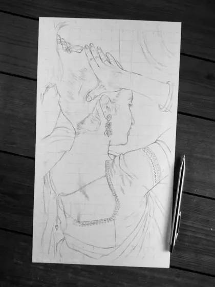 The initial pencil outline of the Priyanka Mohan portrait on paper. This is the blueprint for the entire drawing, capturing the pose and composition.