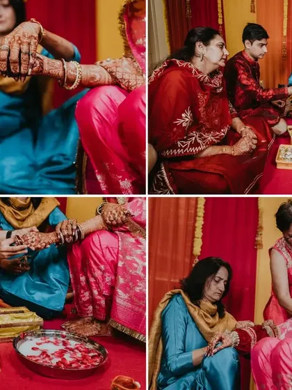 A four-part collage showing the process of the Chooda ceremony, with different family members participating in the beautiful and colorful ritual.