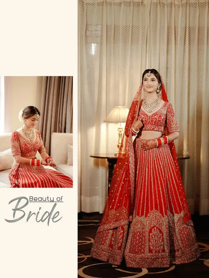A collage showing the bride getting ready and a full-length portrait. It captures both the process and the final, stunning result.