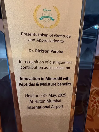 I am grateful for this token of appreciation for my talk on "Innovation in Minoxidil with Peptides & Moisture benefits." Improving patient compliance is key to successful treatment.