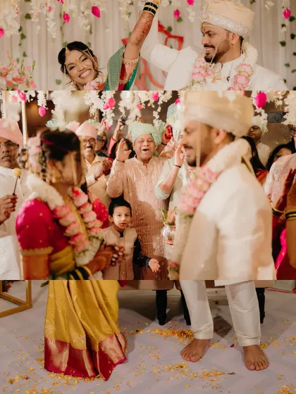 A collage capturing the energy of the wedding procession and the happy faces of the family as they celebrate the union.