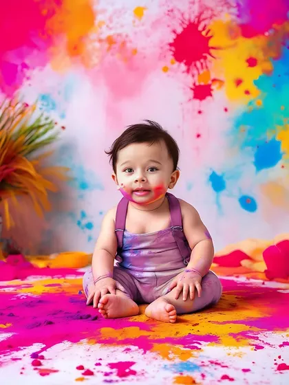The festival of colours is all about joy and vibrancy. This Holi-themed baby photoshoot uses safe, skin-friendly colours to create a playful and unforgettable memory. Look at that colourful, happy smile!