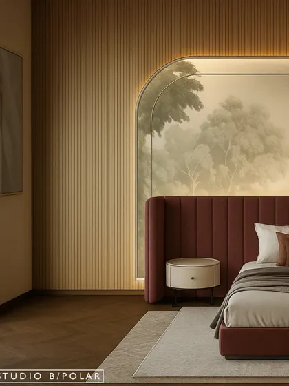 A closer view of the curved, backlit wallpaper panel and the fluted wood veneer that adds another layer of texture. The design is rich, layered, and full of personality.